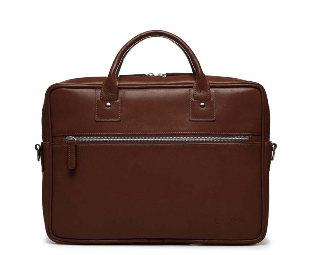 Brown Slim Leather Briefcase The Edwin leather briefcase features a removable, adjustable shoulder strap and built-in laptop sleeve. It is designed with a secure top zipper, and can safely accommodate most 13" laptops. #color_brown