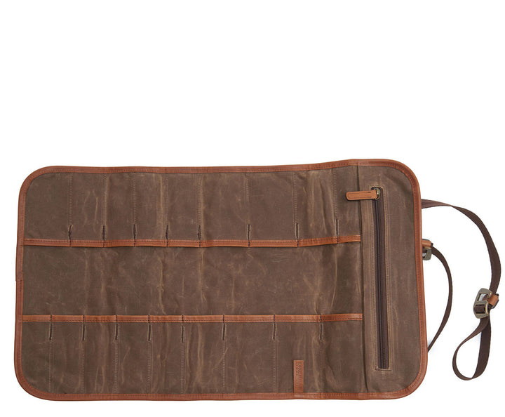 Olive Handcrafted with durable, water resistant 8.25 oz. waxed canvas Features 18 slip pockets designed to store various tools One large zipped pockets designed to secure small items such as sockets, screws, etc G-Hook fast closure secure system can be synched tight for secure transpost Handcrafted with care in our own factory Dimensions: 24" L x 14" W