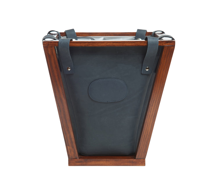 Ocean Blue Full-grain American leather Strong pine wood frame construction Removable, easy to clean liner 4-gallon capacity Each waste basket's selection is one-of-a-kind and slightly unique given the natural characteristics of the leather Handcrafted with care in our own factory Dimensions: 12" W x 12.25" H (base measures 7.5" W)