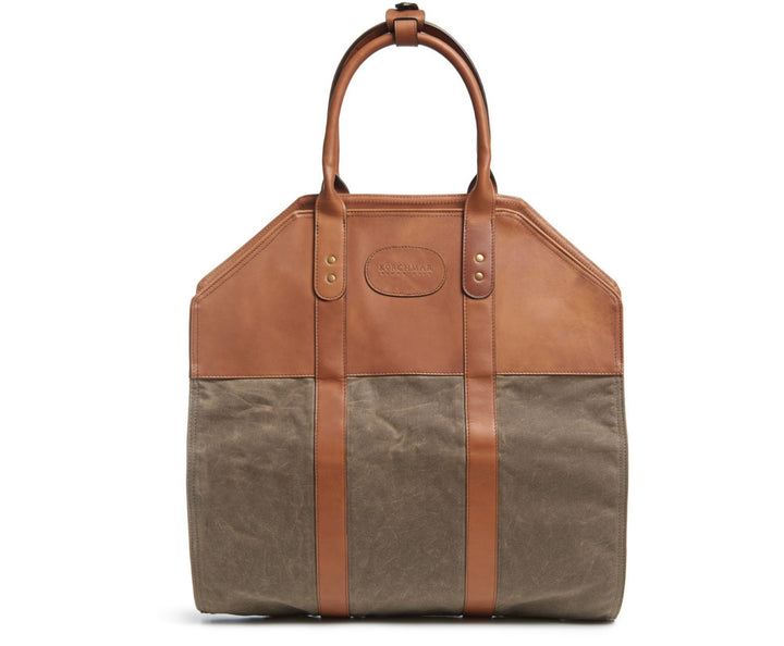 Olive Waxed canvas log carrier Carry logs from the wood pile into your home in style and with ease using the Rayburn waxed canvas log carrier. The Rayburn is expertly constructed with multiple layers of 8.25 oz waxed canvas and is trimmed in full-grain American leather. #color_olive