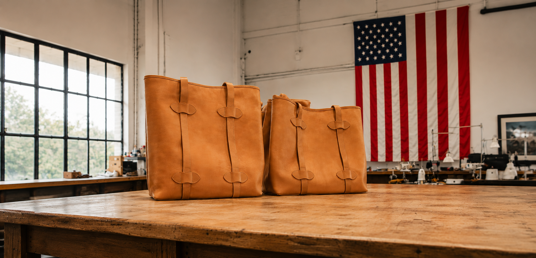 Made in USA Korchmar leather totes handcrafted in Naples, Florida with American flag in workshop