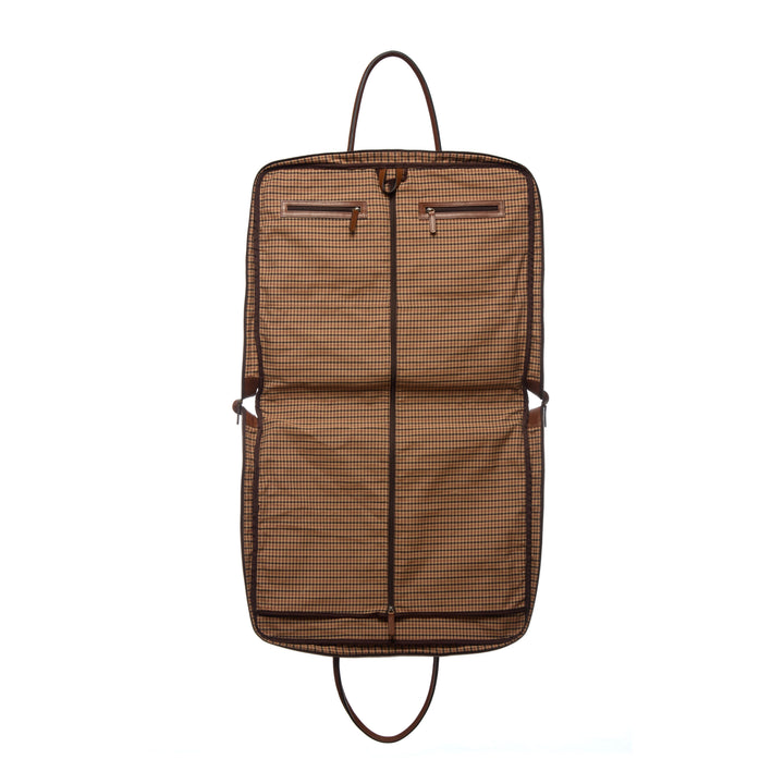 Olive Prescott garment bag fully opened to show plaid lining, hanger loop, and two zippered interior pockets