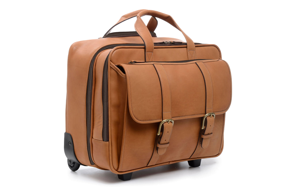 Tan Wheeled Leather Travel Briefcase