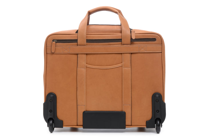 Tan Full grain American oil-tanned saddle leather Telescoping handle extends to 40" height locking in both the up and down position Deluxe Ball bearing in-line skate wheels for increased mobility and stability Exterior flap pocket with top zipper for easy access to interior pockets Interior pocket expands to accommodate a cell phone, laptop charger, and other small personal items Large interior gusset to accommodate clothing for an overnight trip Fits up to a 15" laptop Dimensions: 18.5" x 9" x 15"