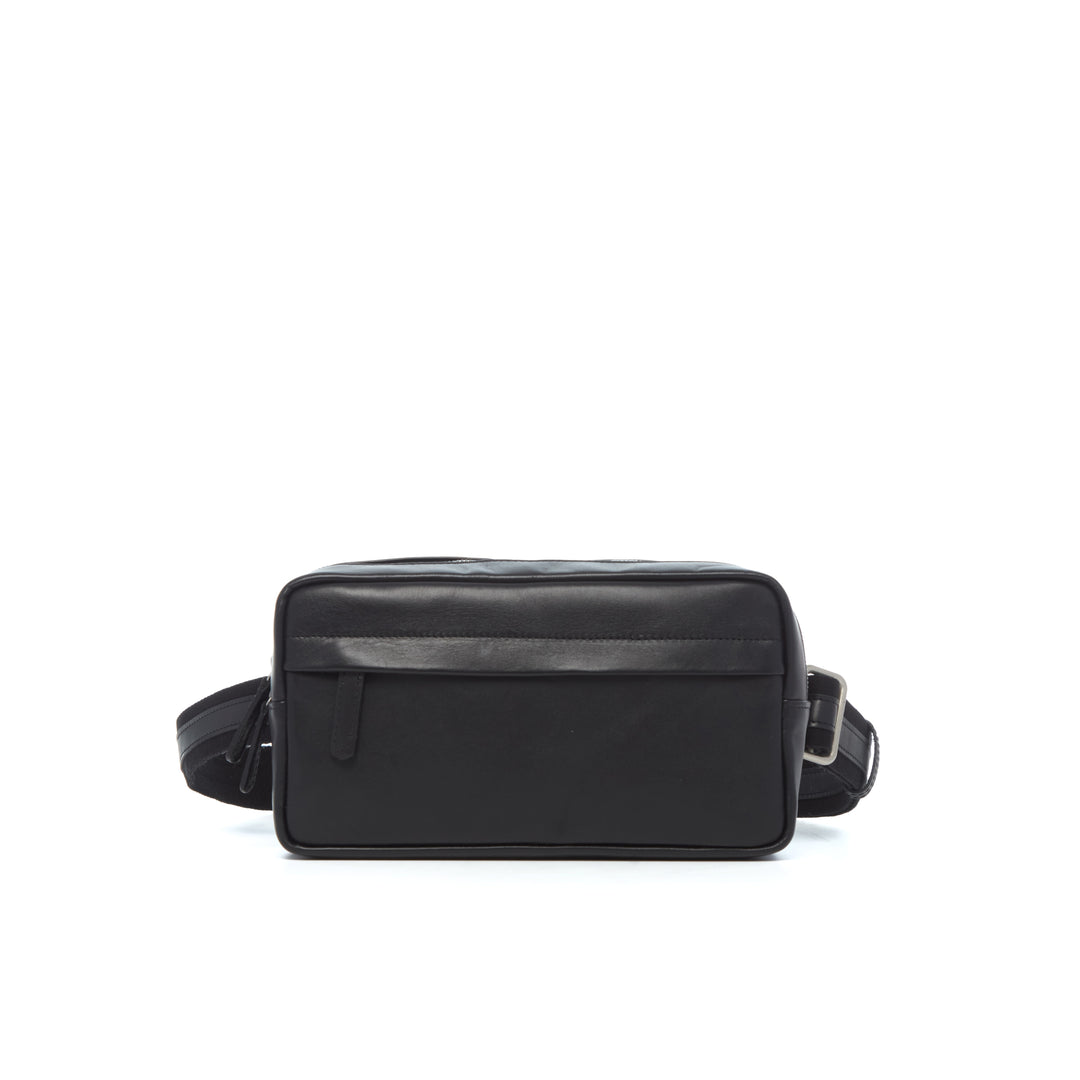 Mercer Leather Sling in Black front view with concealed zippered pocket
