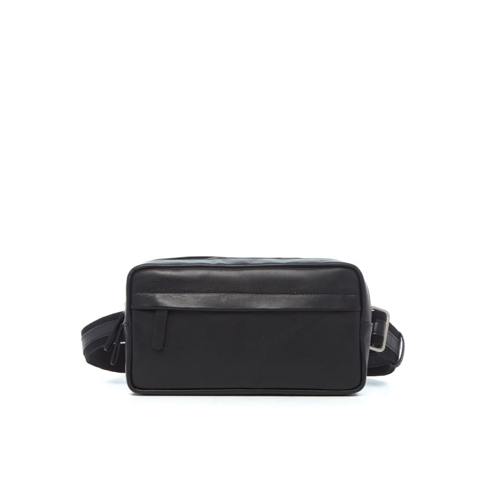 Mercer Leather Sling in Black front view with concealed zippered pocket