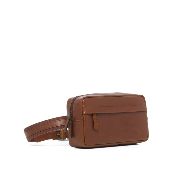 Mercer full-grain leather sling bag in Espresso three-quarter view