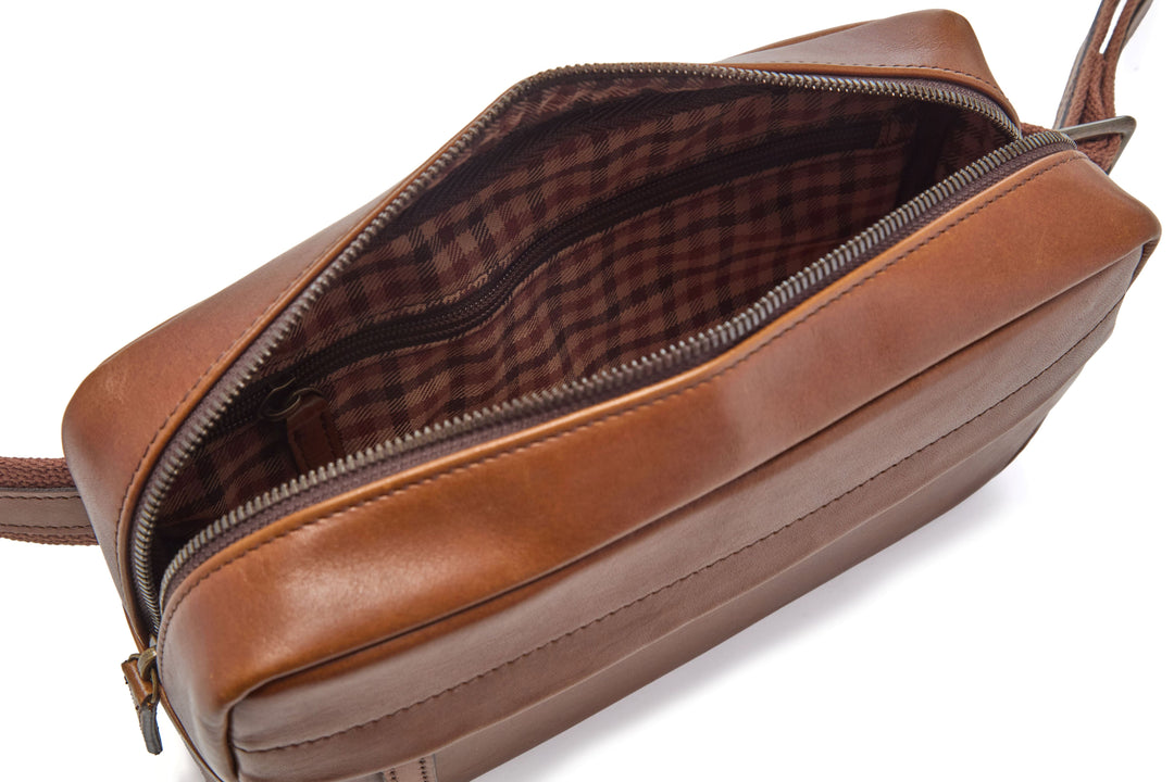 Mercer Leather Sling in Espresso interior with plaid lining and zippered pocket