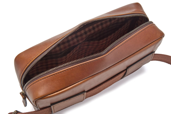 Mercer Leather Sling in Espresso interior with plaid lining and slip pocket