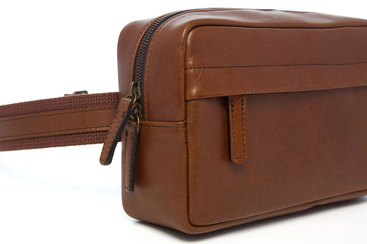 Mercer Leather Sling in Espresso concealed front zipper and leather pull detail