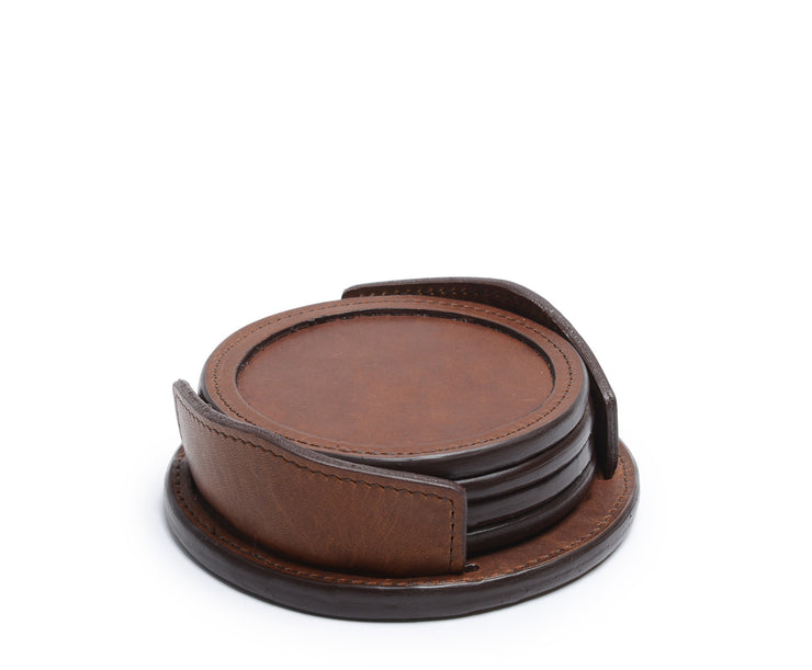 Espresso Leather Coasters The Frost is a 4-piece leather coaster set with matching leather rack, and a customizable monogram patch.