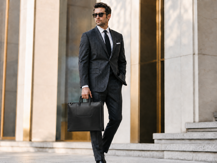 Black Leather Zippered Briefcase The Jackson is handcrafted with a beautiful full grain mill dyed American leather in a timeless Korchmar design. It includes a removable padded laptop sleeve. Historically not an item designed for shoulder carry, the new, improved design includes a full length adjustable shoulder strap. #color_black