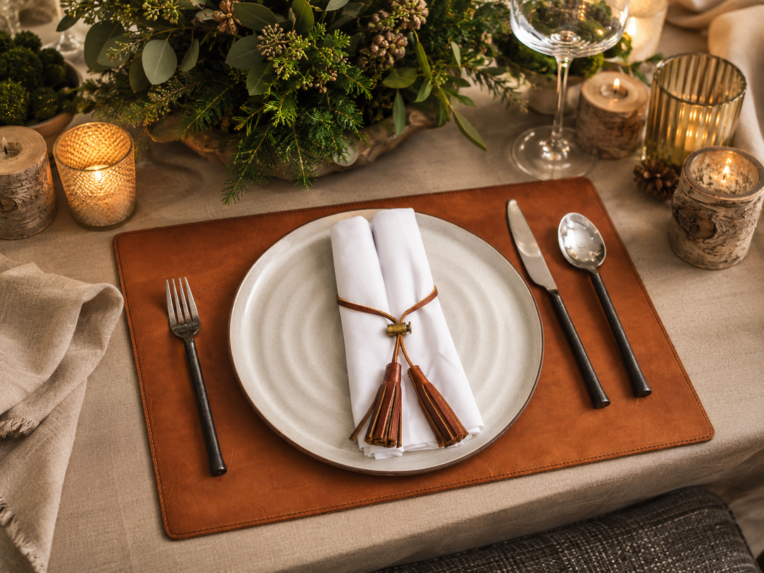 Full-grain American leather Backed with non-skid durable rubber mat Each placemat's selection is one-of-a-kind and slightly unique given the natural characteristics of the leather #color_espresso