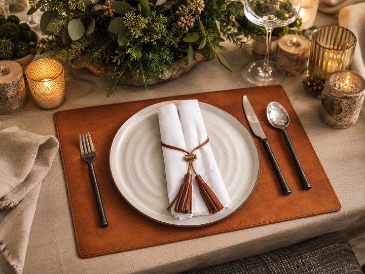 Full-grain American leather Backed with non-skid durable rubber mat Each placemat's selection is one-of-a-kind and slightly unique given the natural characteristics of the leather #color_espresso