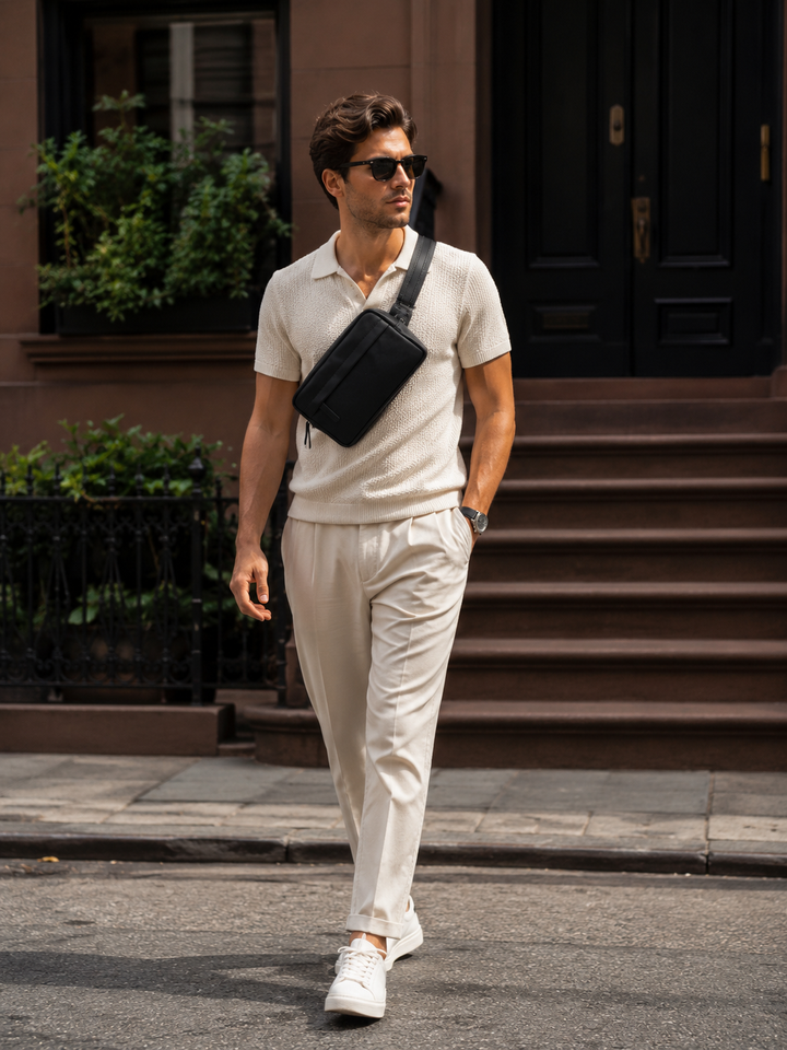 Mercer Leather Sling in Black worn crossbody by a man