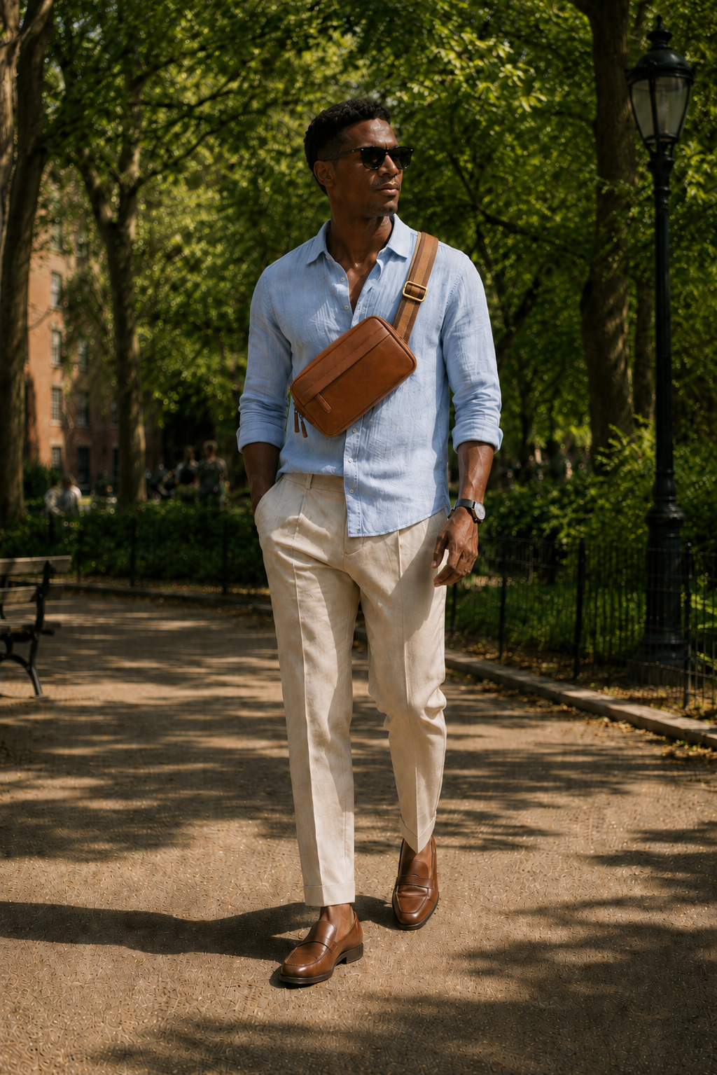 Mercer Leather Sling in Brown worn crossbody by a man