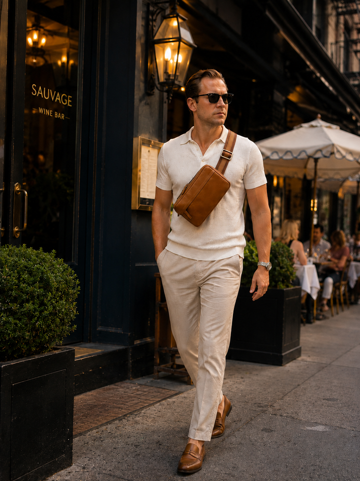 Mercer Leather Sling in Espresso worn crossbody by a man