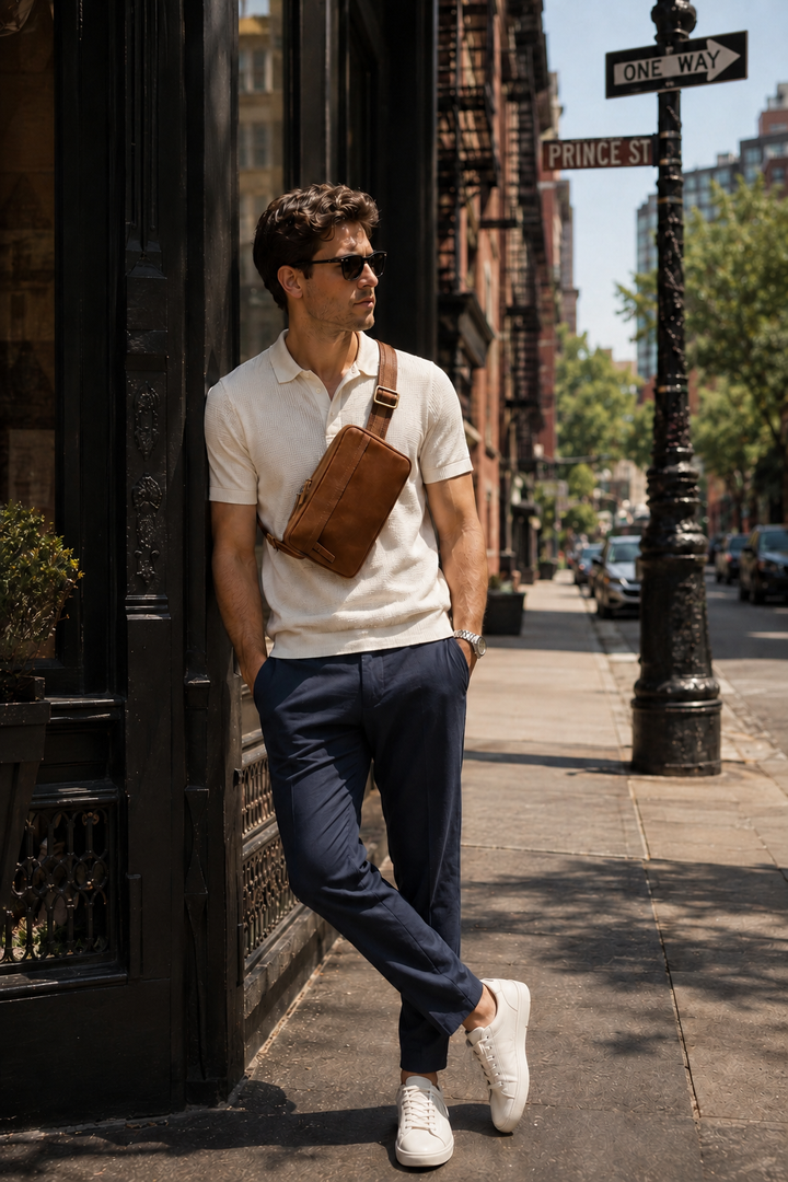 Mercer Leather Sling in Espresso worn crossbody by a man