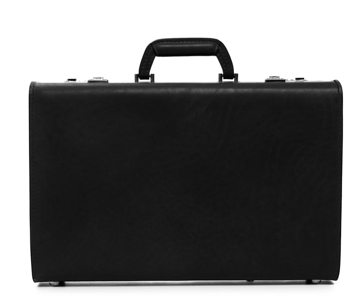 Black Leather Attaché Case A true classic, the Monroe is a full grain American leather attache case. Handcrafted with the widely regarded piano hinge construction technique, and featuring a secure combination locking system, the Monroe stylishly protects confidential files and can accommodate most 17" laptops. #color_black