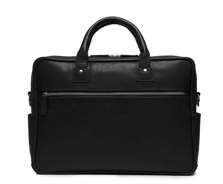Black 15" Leather Laptop Briefcase Meticulously designed with full-grain leather, the Redford leather briefcase is a seamless blend of modern functionality and classic style. With two zippered compartments, multiple organizational pockets and a dedicated laptop compartment, the Redford is designed to protect your everyday essentials.
