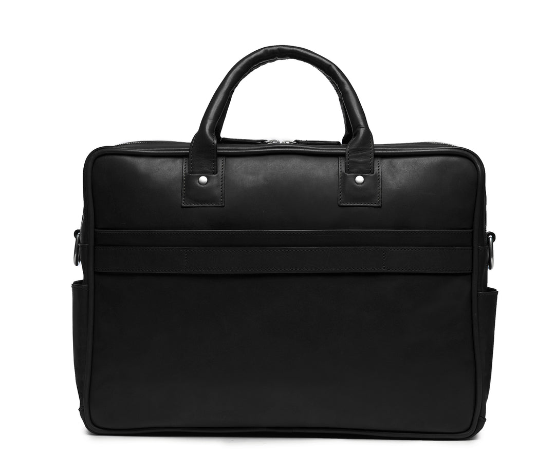 Black Lightweight construction, handcrafted with American full-grain leather 2 main compartments Multiple organizational pockets, including a cell phone pocket, two additional exterior pockets, and an interior zippered pocket Reinforced roller bag attachment strap that lays flat when not in use Solid brass zipper and hardware with a nickel finish Dimensions: 16" x 4.75" x 12" #color_black