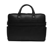 Black Lightweight construction, handcrafted with American full-grain leather 2 main compartments Multiple organizational pockets, including a cell phone pocket, two additional exterior pockets, and an interior zippered pocket Reinforced roller bag attachment strap that lays flat when not in use Solid brass zipper and hardware with a nickel finish Dimensions: 16" x 4.75" x 12"
