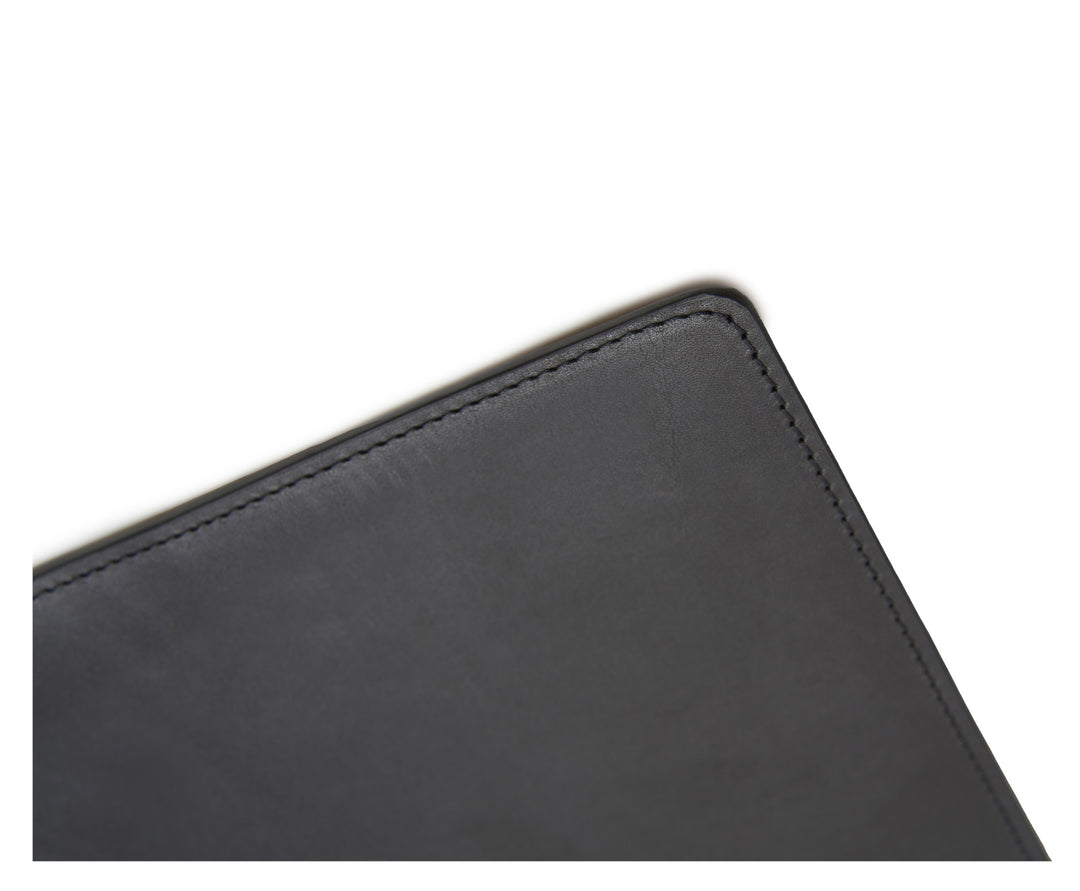 Black Full-grain American leather Backed with non-skid durable rubber mat Each desk pad's selection is one-of-a-kind and slightly unique given the natural characteristics of the leather Handcrafted with care in our own factory Dimensions: 24" W x 17.5" H #color_black