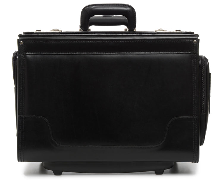 Black 18" Wheeled Catalog Case The Counselor is a professional full grain leather rolling catalog case that features a removable 15" laptop sleeve, a retractable handle, and deluxe in-line skate wheels.