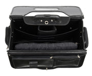 Black Zippered end pockets with organizer features and expansion capabilities Includes strap key hook and deluxe luggage tag Nickel-plated solid brass hardware Handcrafted with care in our own factory Dimensions: 18.5" x 9" x 16.5"