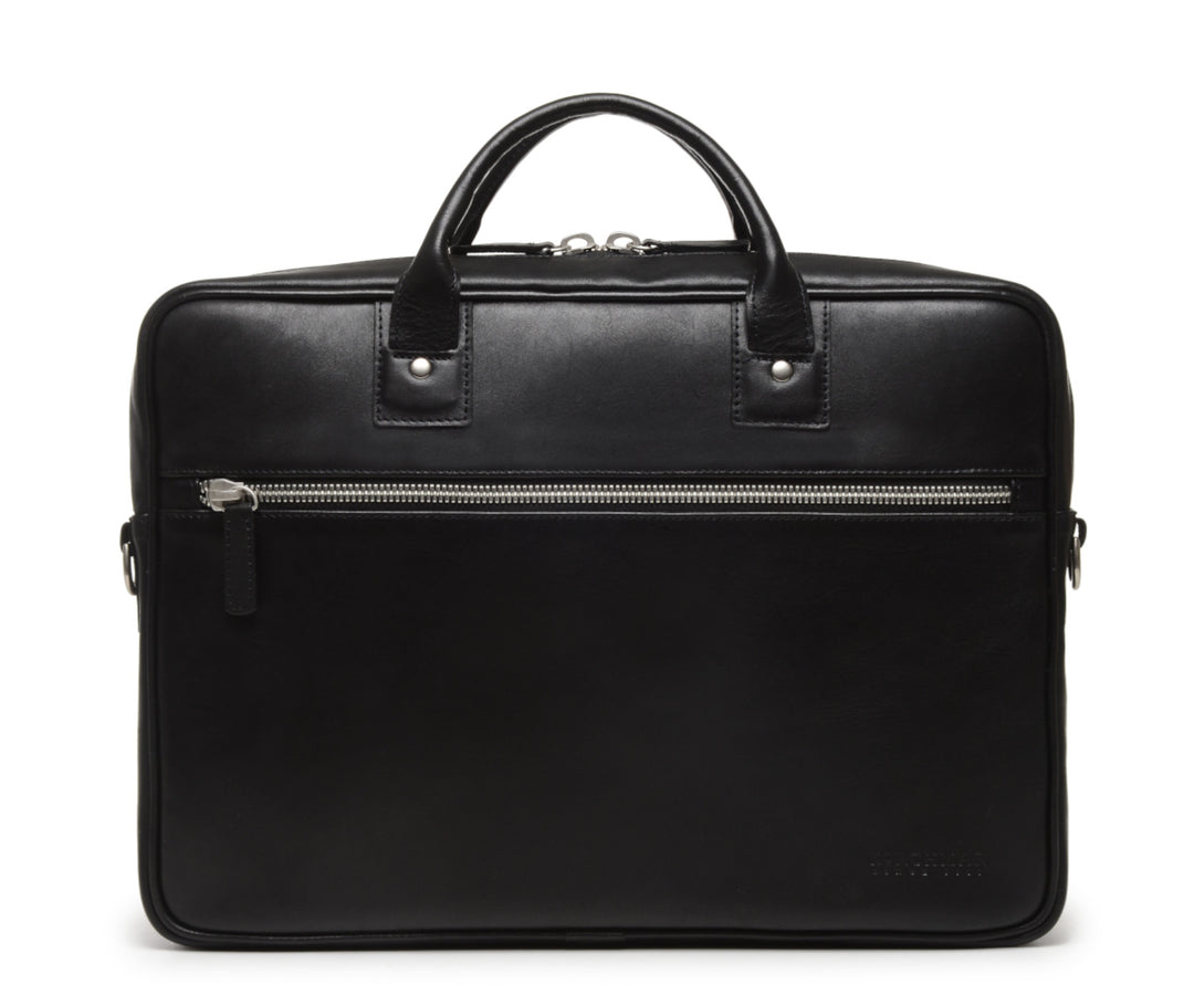 Black Laptop Leather Briefcase  The Dylan leather briefcase features a removable, adjustable shoulder strap and built-in computer sleeve. It is designed with a secure top zipper, and can safely accommodate most 15" laptops. #color_black