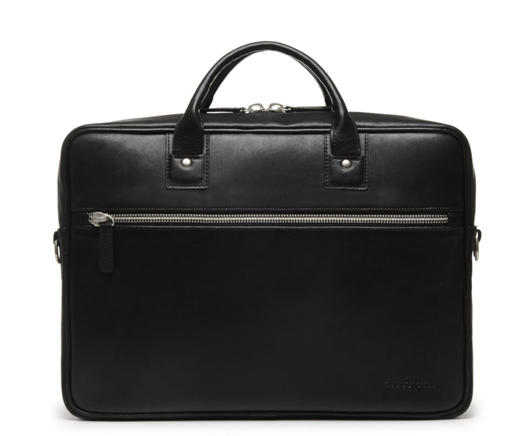 Black Laptop Leather Briefcase  The Dylan leather briefcase features a removable, adjustable shoulder strap and built-in computer sleeve. It is designed with a secure top zipper, and can safely accommodate most 15" laptops.