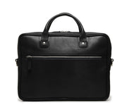 Black Slim Leather Briefcase The Edwin leather briefcase features a removable, adjustable shoulder strap and built-in laptop sleeve. It is designed with a secure top zipper, and can safely accommodate most 13" laptops.
