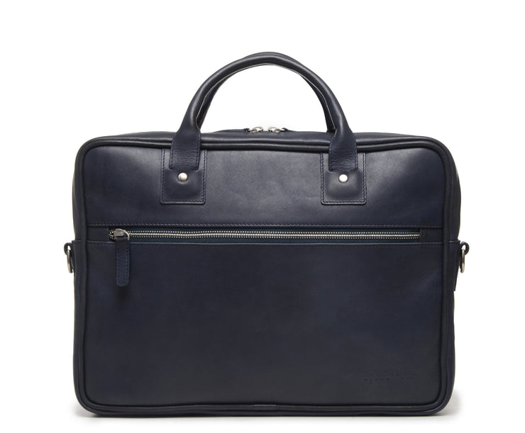 Ocean Blue Slim Leather Briefcase The Edwin leather briefcase features a removable, adjustable shoulder strap and built-in laptop sleeve. It is designed with a secure top zipper, and can safely accommodate most 13" laptops.