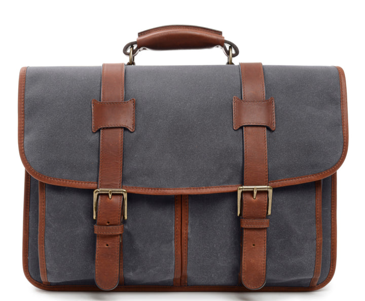 Grey Waxed Canvas Laptop Briefcase The Garfield is a professional messenger style briefcase that is constructed with water-resistant waxed canvas and includes a removable, adjustable leather shoulder strap. The Garfield can accommodate most 15" laptops. #color_grey