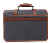 Grey Waxed canvas exterior with full grain American leather trim Quick release metal closures for easy access, and buckle adjuster for expansion Multiple interior pockets expand for to hold cell phone, tablet, power cords and small personal items Large double front gusseted pockets Exterior back pocket and zipped interior pocket
