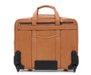 Tan Full grain American oil-tanned saddle leather Telescoping handle extends to 40" height locking in both the up and down position Deluxe Ball bearing in-line skate wheels for increased mobility and stability Exterior flap pocket with top zipper for easy access to interior pockets Interior pocket expands to accommodate a cell phone, laptop charger, and other small personal items Large interior gusset to accommodate clothing for an overnight trip Fits up to a 15" laptop Dimensions: 18.5" x 9" x 15"