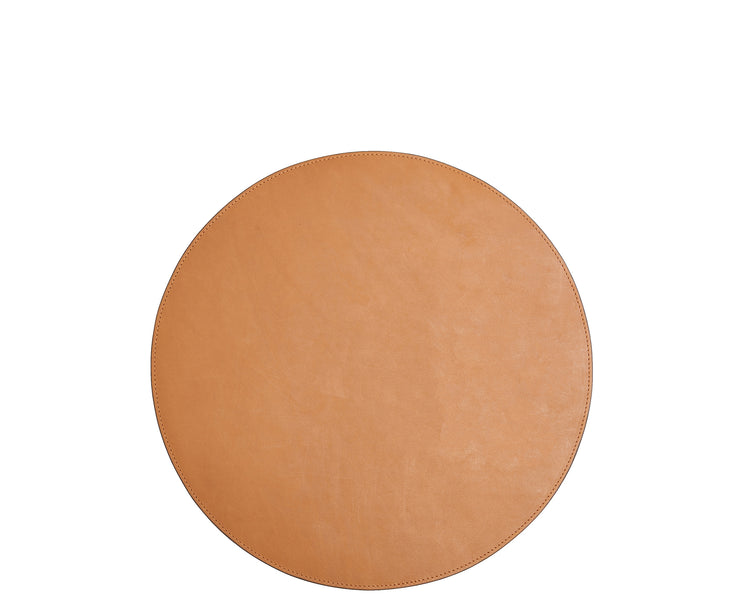 Tan Leather circular placemat Add richness and depth to your dining table with the Nelson leather placemat. The Nelson is handcrafted with American full-grain leather and is backed with a non-skid durable rubber mat.