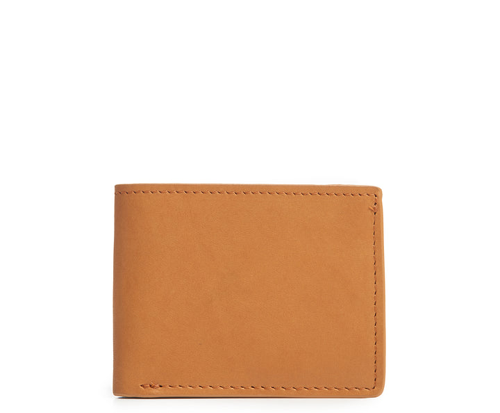 Tan Slim leather wallet The York leather billfold is handcrafted with American full-grain leather and offers a slim minimalist profile. With six scalloped credit card pockets and a vertical stash pocket, the York is perfect for traveling light while keeping your cards and cash secure.