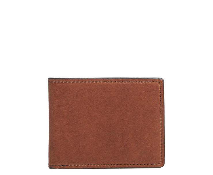 Brown Slim leather wallet The York leather billfold is handcrafted with American full-grain leather and offers a slim minimalist profile. With six scalloped credit card pockets and a vertical stash pocket, the York is perfect for traveling light while keeping your cards and cash secure.