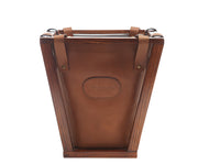 Espresso Leather wastebasket Here's a wastebasket you won't want to hide in the corner or under a desk. The Winslow leather wastebasket features full-grain American leather that is suspended securely on a beautiful pine wood frame. The Winslow leather wastebasket has a 4-gallon capacity and is the perfect size for your home office, bedroom or bathroom