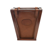 Espresso Full-grain American leather Strong pine wood frame construction Removable, easy to clean liner 4-gallon capacity Each waste basket's selection is one-of-a-kind and slightly unique given the natural characteristics of the leather Handcrafted with care in our own factory Dimensions: 12" W x 12.25" H (base measures 7.5" W)
