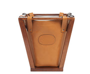Tan Full-grain American leather Strong pine wood frame construction Removable, easy to clean liner 4-gallon capacity Each waste basket's selection is one-of-a-kind and slightly unique given the natural characteristics of the leather Handcrafted with care in our own factory Dimensions: 12" W x 12.25" H (base measures 7.5" W)
