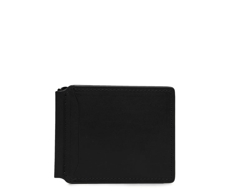 Black Leather money clip billfold Slim but with just enough room for your cards and receipts, this refined leather double billfold is a sophisticated choice as your everyday wallet. Hancrafted with full-grain vegetable tanned leather, the Spencer will age beautifully and get better with time.