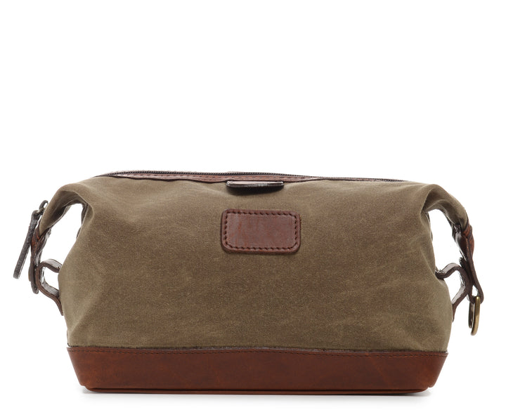 Olive Waxed Canvas Dopp Kit The Ryder is a compact waxed canvas toiletry bag with full grain leather trim. This Dopp Kit features a top zipper and snap down ends that allow for maximum expansion. #color_olive