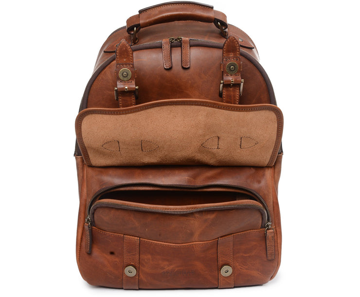 Espresso The Lewis’s roomy interior also includes an organizer panel, ideal for storing cords, sunglasses, a passport, and other small personal items. The Lewis backpack is designed to accommodate most 15” laptops. Handcrafted with full grain American leather Padded backpack shoulder straps Roomy interior and front pocket