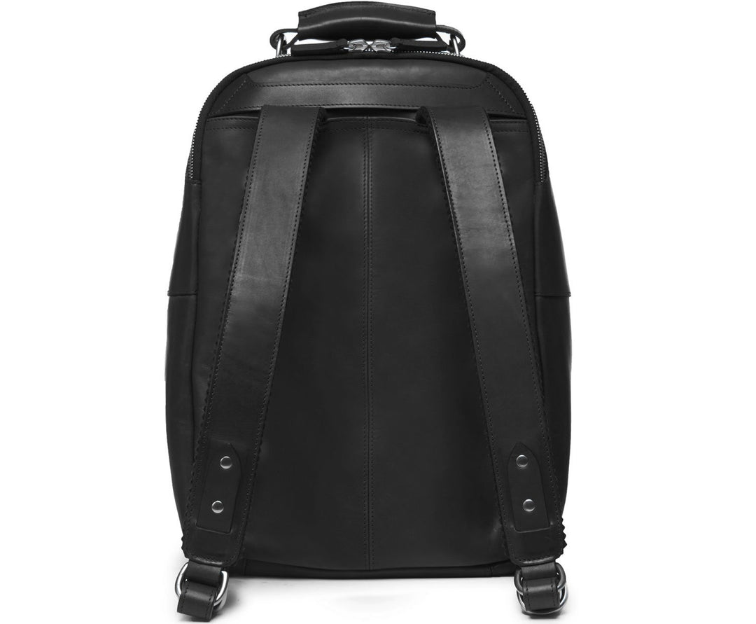 Black Handcrafted with full grain American leather Padded backpack shoulder straps Roomy interior and front pocket Keychain attachment Interior organizer panel Fits up to a 15" laptop  Strap designed for easy carry on telescoping luggage handles Handcrafted with care in our own factory Natural leather lining Dimensions: 17" x 7" x 12" #color_black