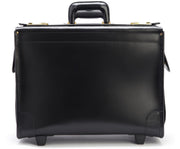 Black Leather Wheeled Catalog Case The Litigator is a full grain leather wheeled catalog case with a convenient retractable handle, and a business organizer located beneath the lid. The Litigator is an ideal choice for business professionals looking to seamlessly transport a large volume of files and up to a 17" laptop.