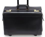 Black Solid brass hardware in antiqued finish Light weight exterior mounted telescoping handle which preserves full interior space Steel core padded leather handle Handcrafted with care in our own factory Fits up to 17" laptop Dimensions 18": 18" x 9.5" x 16" Dimensions 20": 20" x 10" x 16"