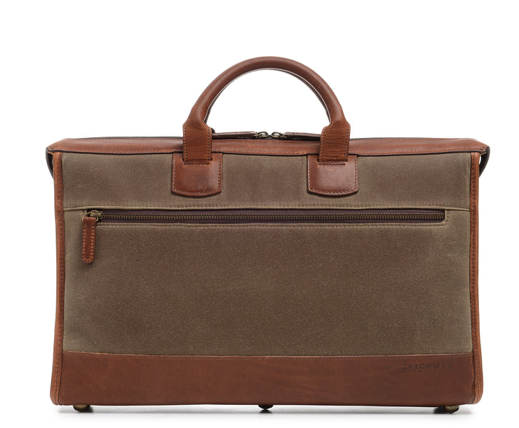 Olive Slim Waxed Canvas Laptop Briefcase The Sawyer's slim, refined silhouette make it perfect for carrying most 15" laptops and small personal items. Carry it by hand or over the shoulder with the included removable, adjustable shoulder strap. The Sawyer is handcrafted with water-resistant waxed canvas and trimmed with full-grain leather.
