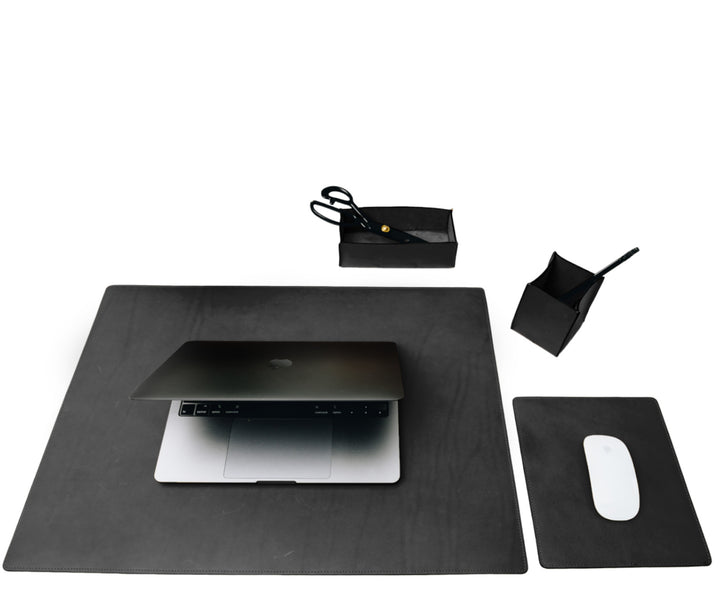 Black Full-grain American leather Includes a desk pad, mouse pad, desk tray and pencil cup Handcrafted with care in our own factory #color_black